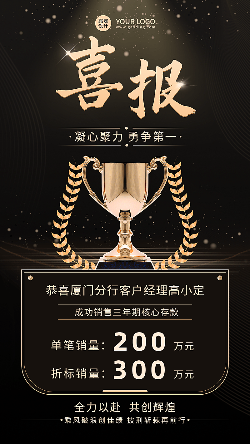 金融保险银行业绩表彰喜报贺报黑金奢华风手机海报