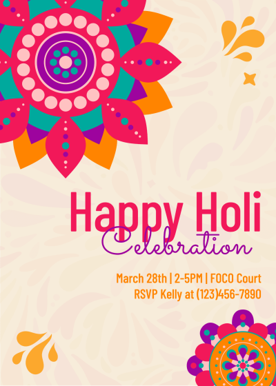 Flower Cartoon Style Holi Festival Celebrate Party Invitation Letter
