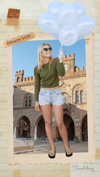 Retro Style Paper Frame Architecture Background Smile Woman Travel Record Instagram Story