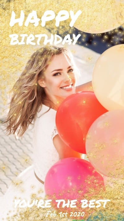 Luxury Gold Foil Element Ballon Smile Girl Birthday Greeting Instagram Story