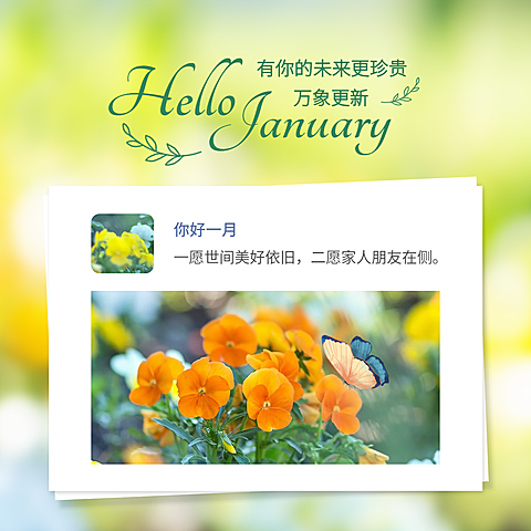 1月你好清新文艺简约方形海报