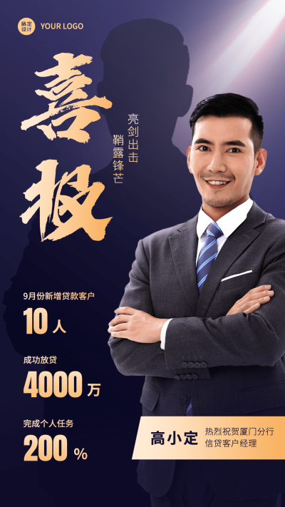 金融贷款业绩表彰喜报商务风人物手机海报