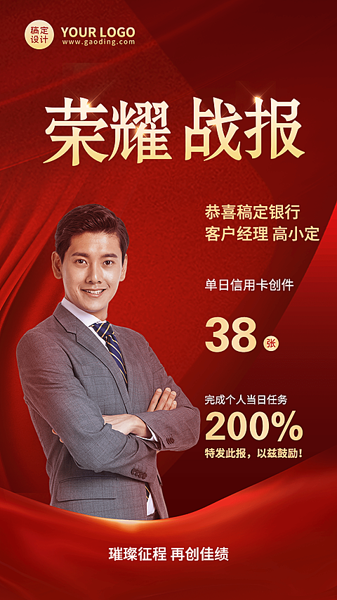 金融银行信用卡业绩表彰喜报喜庆人物手机海报