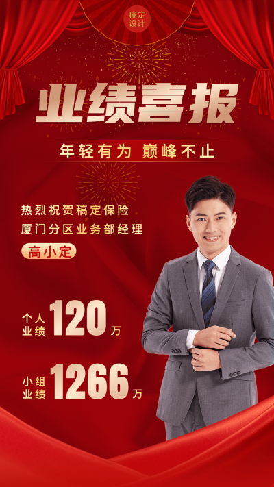 金融保险销售业绩表彰喜报贺报红金喜庆人物海报