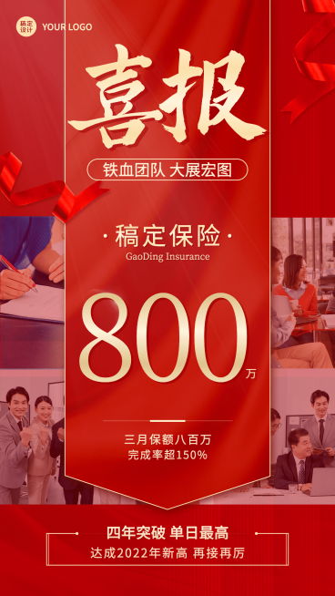 金融保险表彰喜报喜庆红金海报预览效果