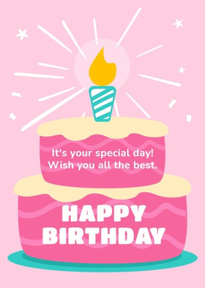 Cute Cartoon Pink Birthday Cake Greeting Card