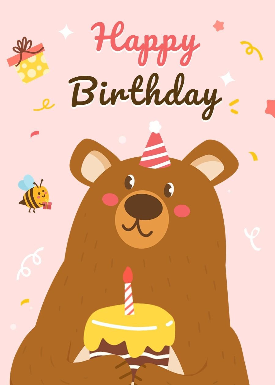 Cute Cartoon Bear Illustration Birthday card