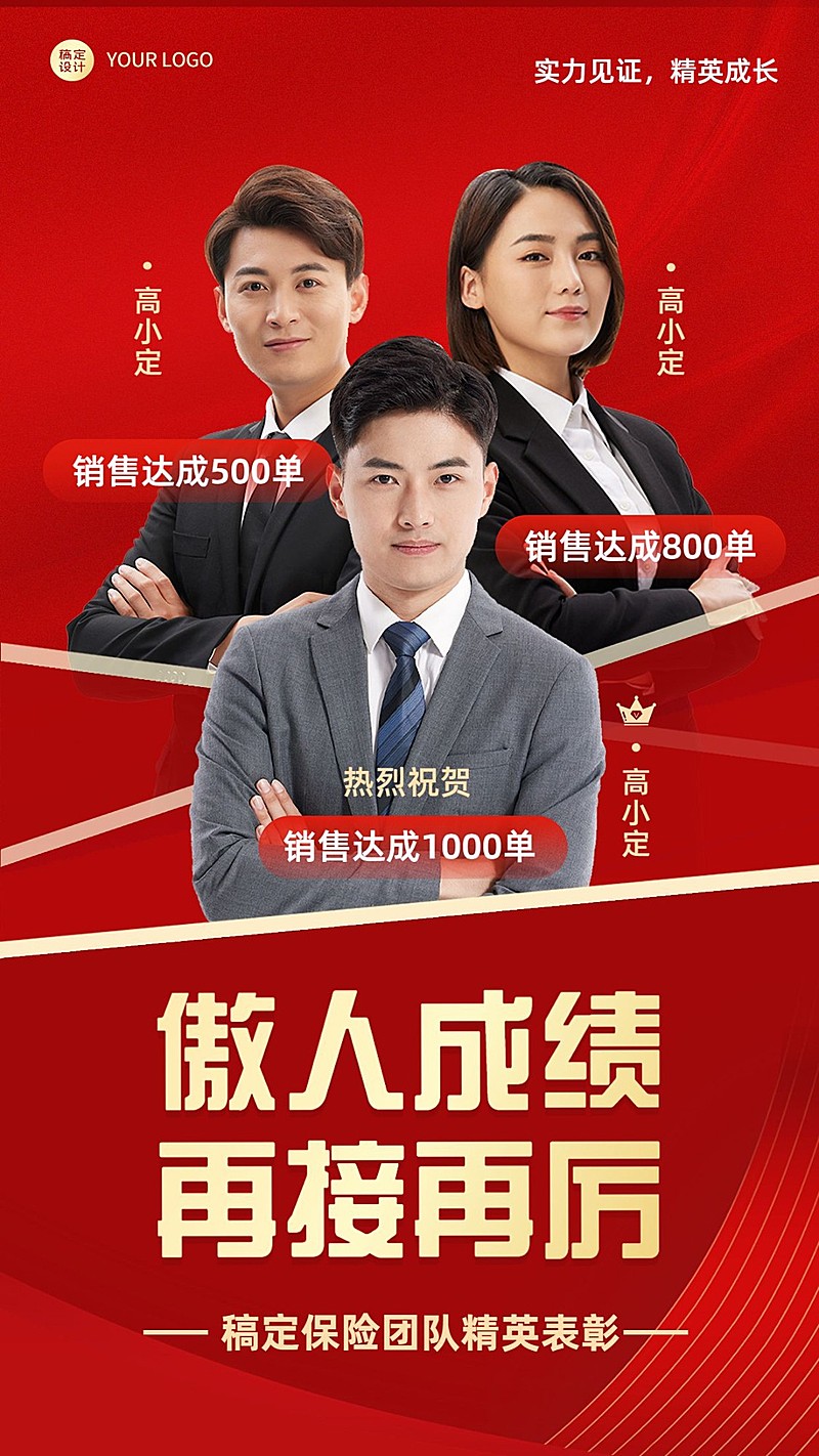 金融保险团队销售业绩表彰光荣战报喜报多人喜庆手机海报