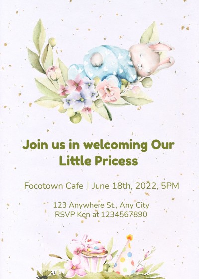 Literary Hand Painted Sleeping Rabbit Baby shower Invitation Letter