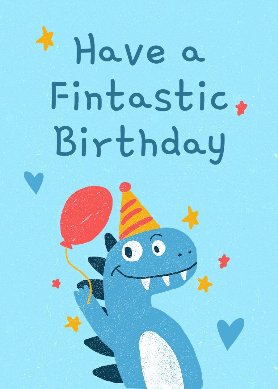 Cute Hand Painted Blue Dinosaur Illustration Birthday Card