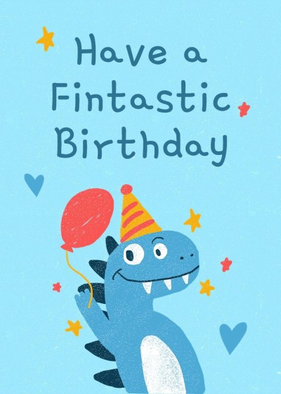 Cute Hand Painted Blue Dinosaur Illustration Birthday Card