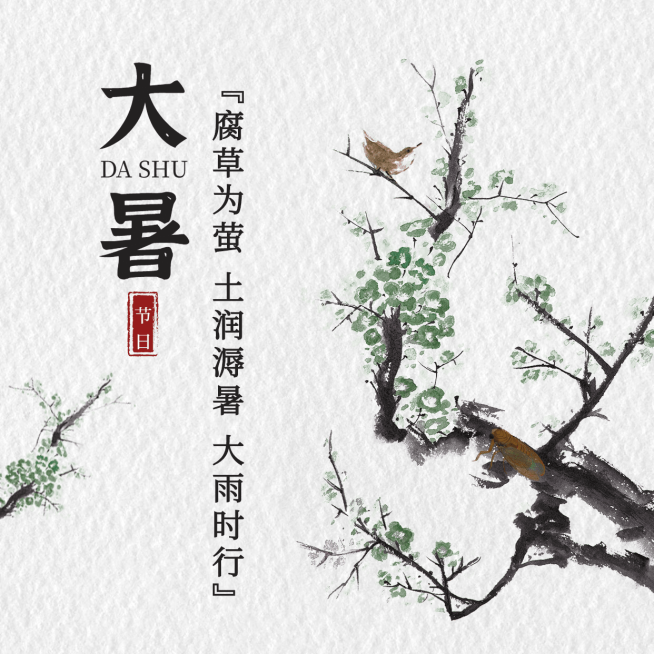 大暑节气祝福手绘中国风方形海报预览效果