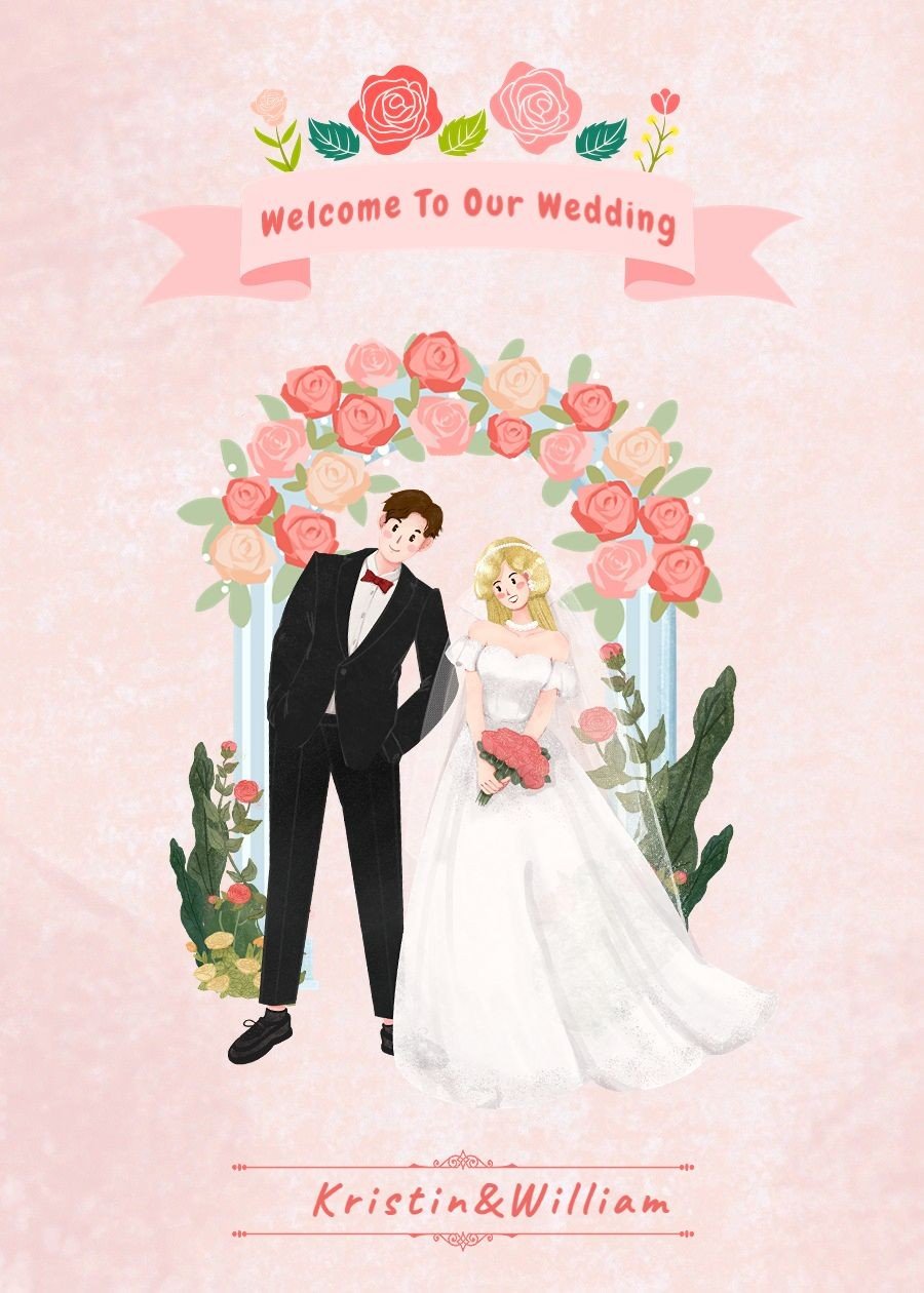 Fresh Hand Painted Pink Silk Ribbon Wedding Couple Scene Card