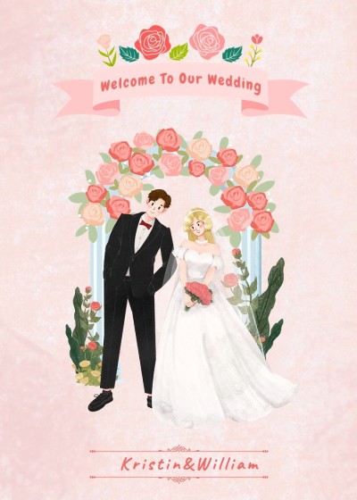 Fresh Hand Painted Pink Silk Ribbon Wedding Couple Scene Card