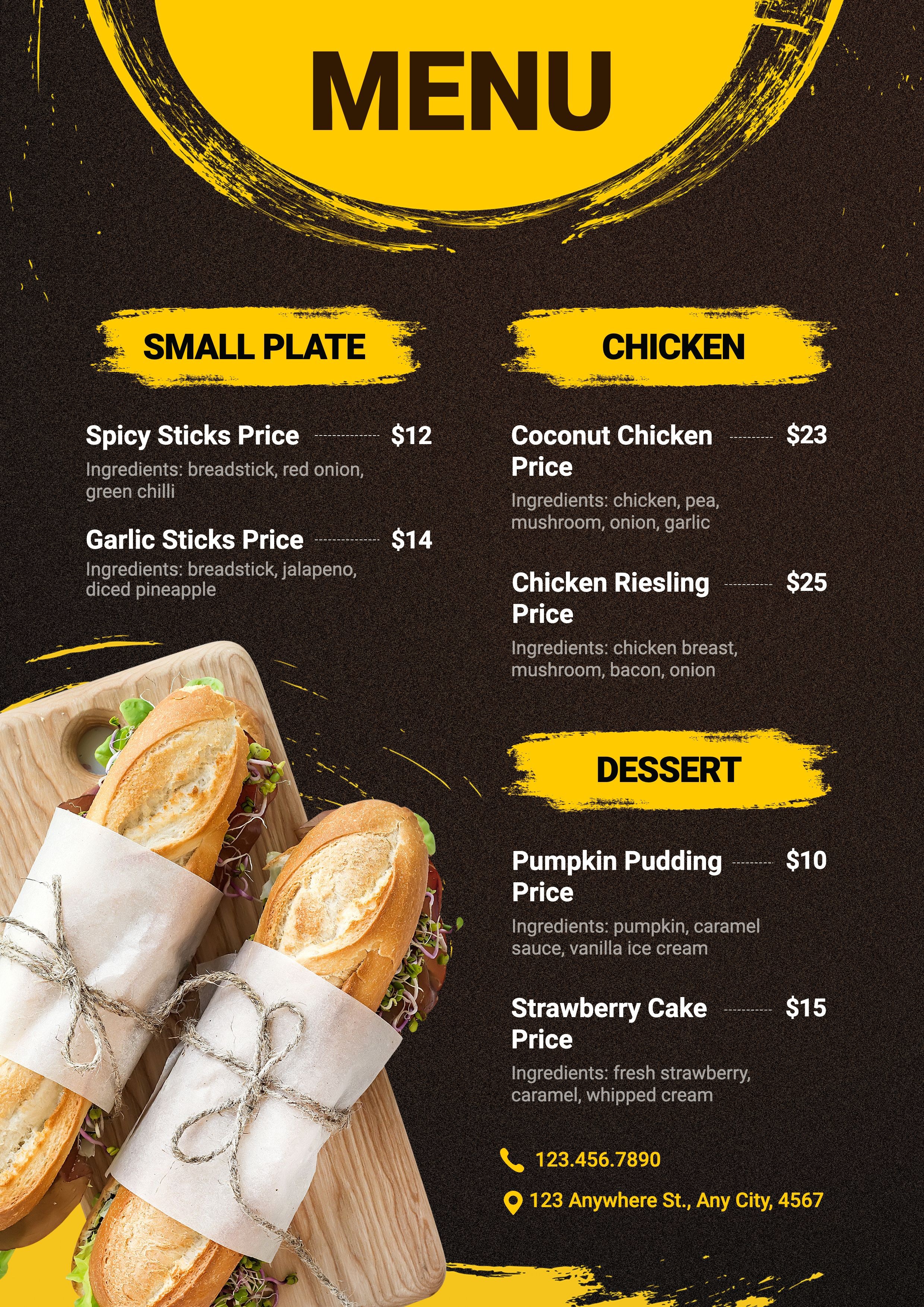 Simple Yellow Brush Pattern Restaurant Food Menu