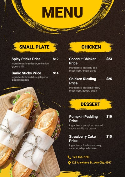 Simple Yellow Brush Pattern Restaurant Food Menu
