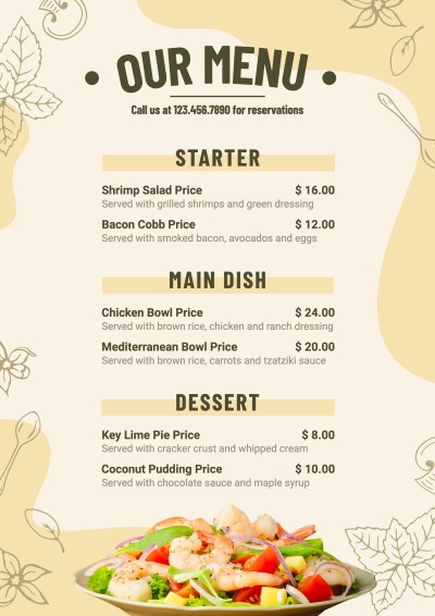 Simple Hand Painted Leaves Decorate Restaurant Food Menu