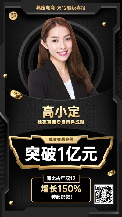 双十二商务风黑金奢华员工销售喜报战报手机海报