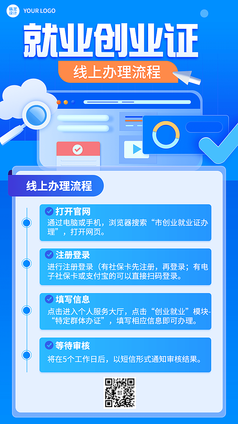 简约政务人社就业创业办理指南手机海报