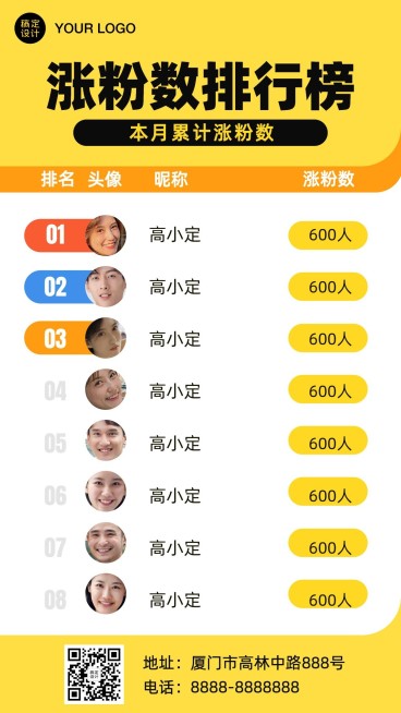 排行榜每月涨粉排行手机海报预览效果
