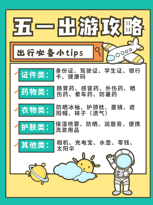 时尚创意手绘风五一劳动节出游攻略小红书封面配图预览效果
