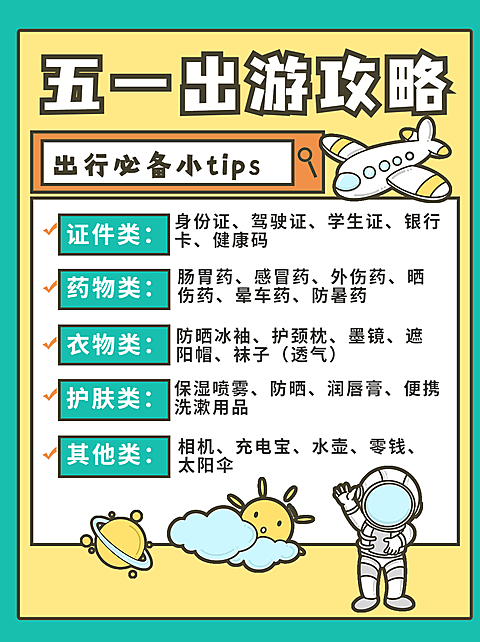 时尚创意手绘风五一劳动节出游攻略小红书封面配图