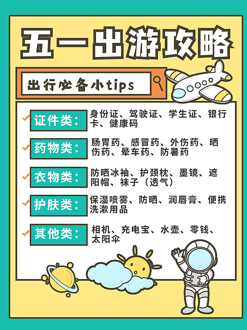 时尚创意手绘风五一劳动节出游攻略小红书封面配图