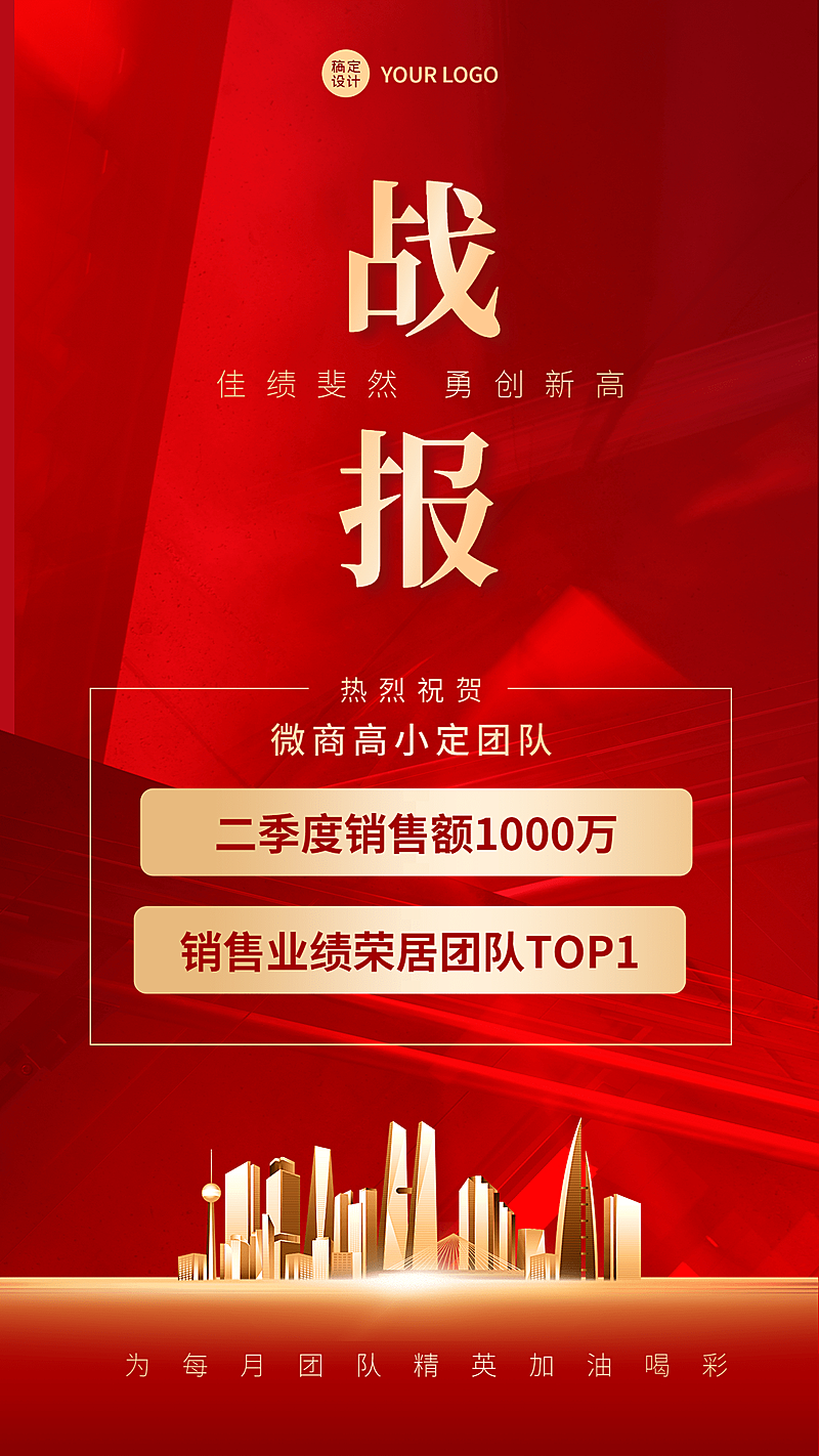 微商团队业绩表彰喜报战报红金商务喜庆手机海报