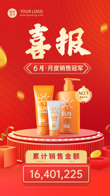 微商美妆产品销量喜报表彰喜庆风手机海报预览效果