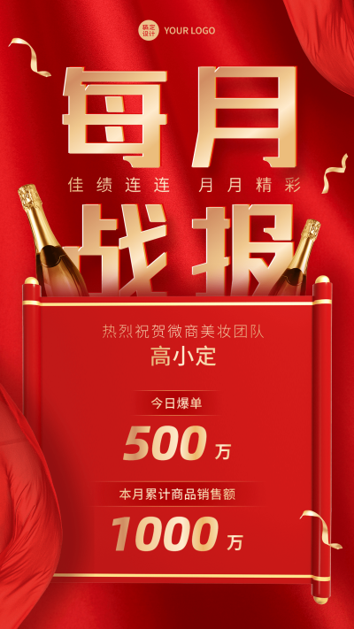 微商业绩表彰大字喜报贺报红金喜庆手机海报