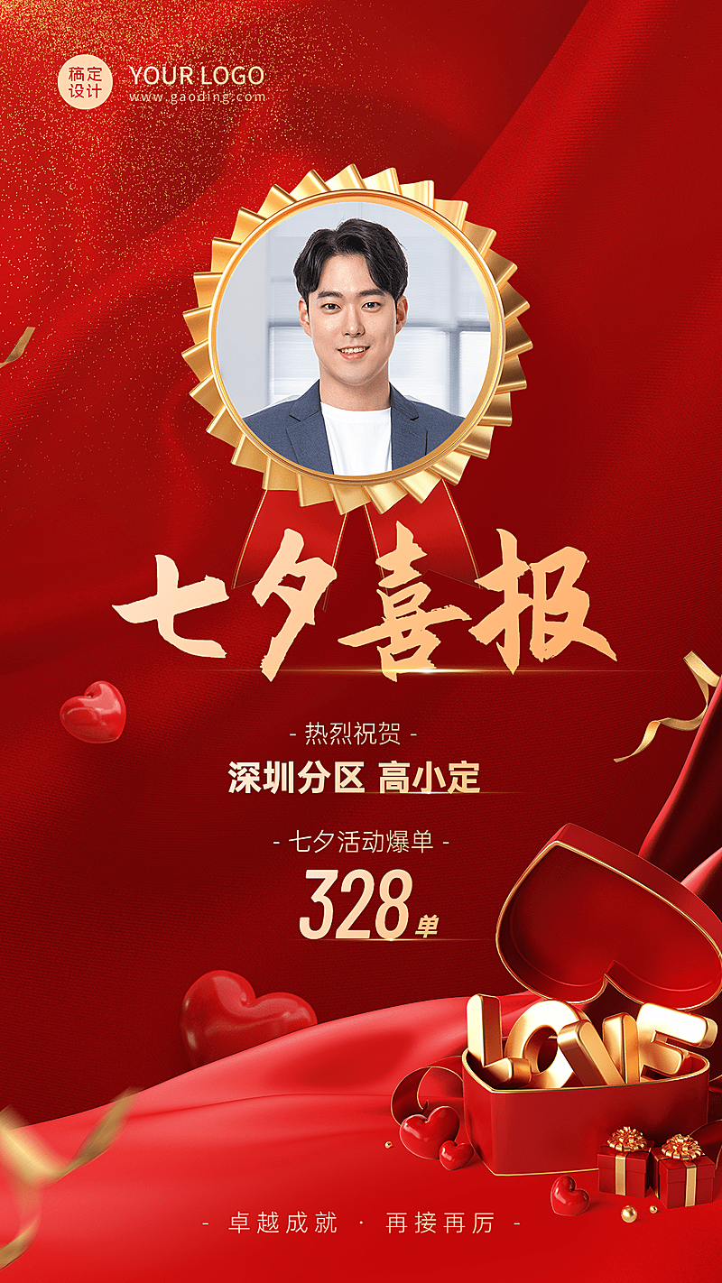 七夕节微商销售表彰销量爆单喜报喜庆人物海报
