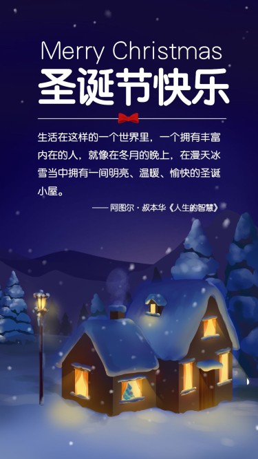 圣诞节/下雪夜晚/平安夜/插画手机海报