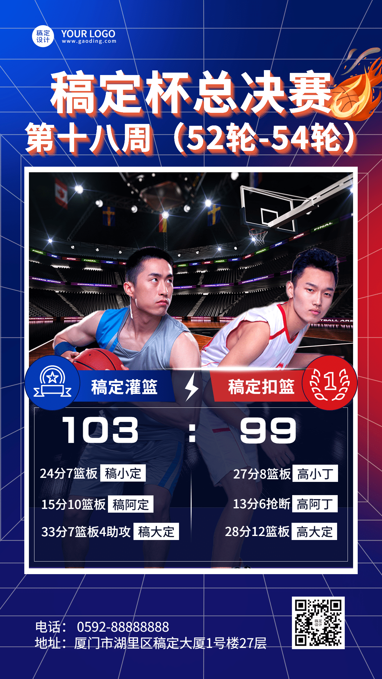 篮球比赛双人PK战绩手机海报预览效果