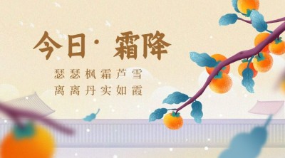霜降节气祝福问候柿子手绘插画横版海报