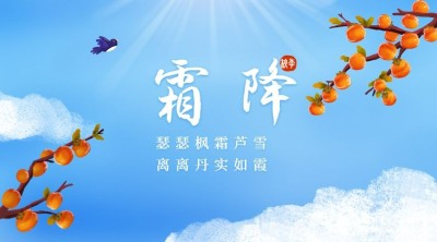 霜降节气祝福柿子蓝天手绘横版海报