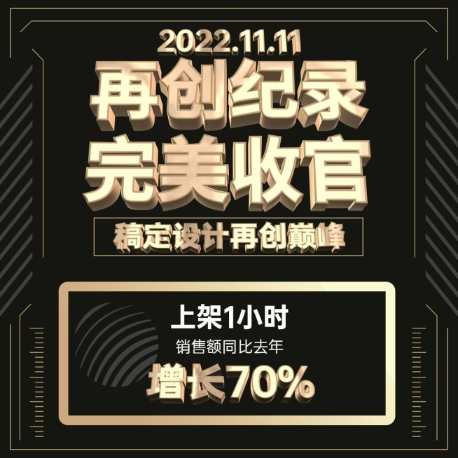 双十一完美收官黑金喜报方形海报预览效果