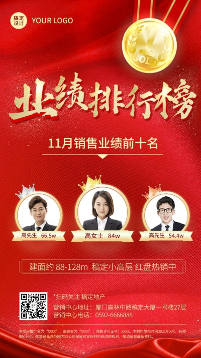 地产服务业绩排行榜红金手机海报