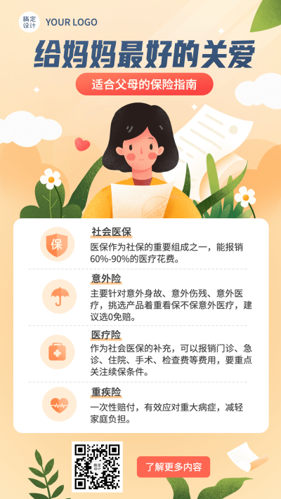 母亲节金融保险知识科普指南插画海报