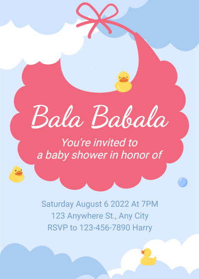 Cute Hand Painted Blue Clouds Pattern Baby shower invitation letter