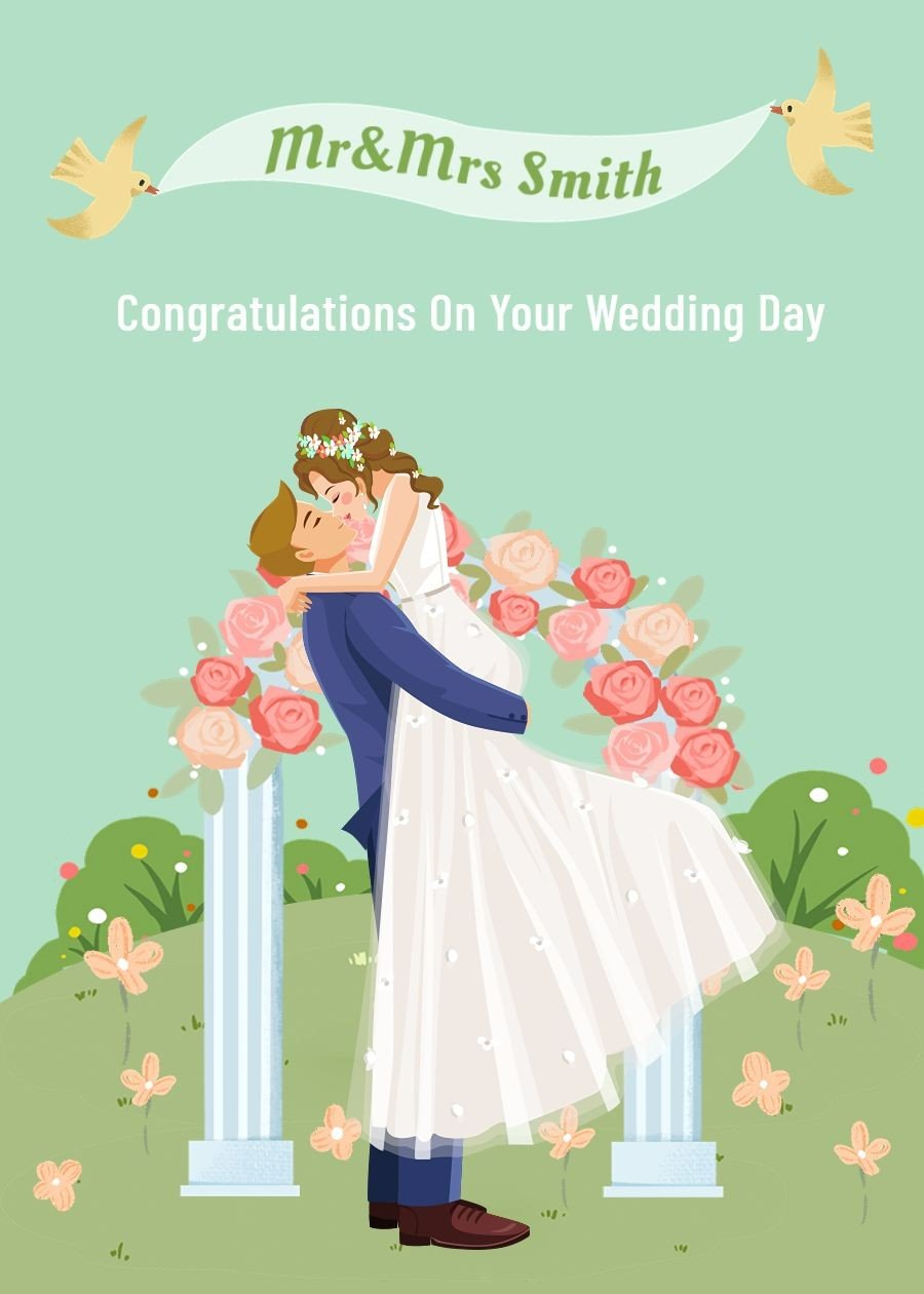 Fresh Hand Painted Grassland Flowers Decorate Couple Hug Wedding Card