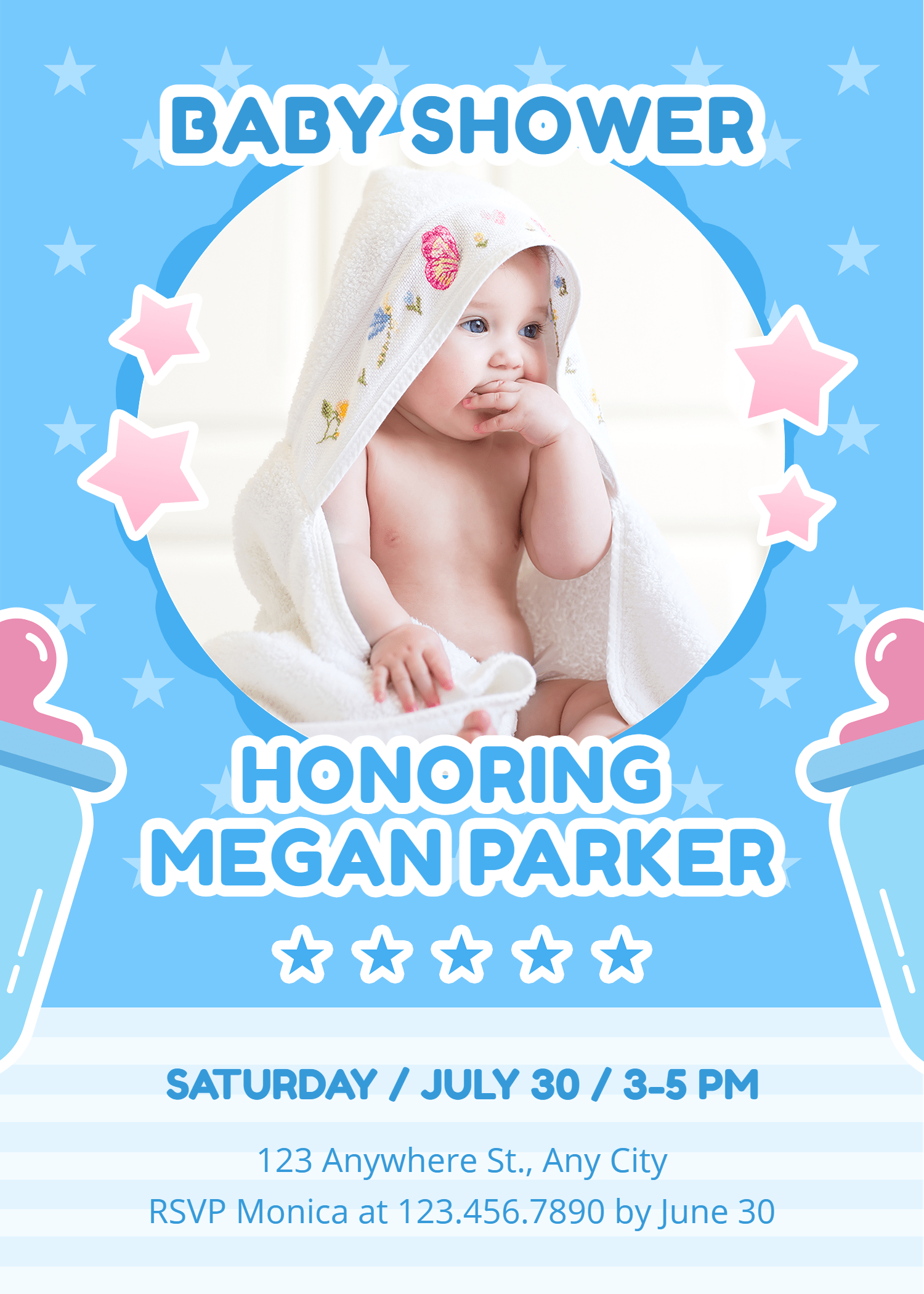 Cute Cartoon Blue Stars Element  Baby shower invitation letter