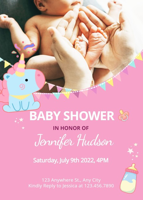 Fresh Hand Painted Unicorn Pattern Baby Shower Invitation Letter预览效果