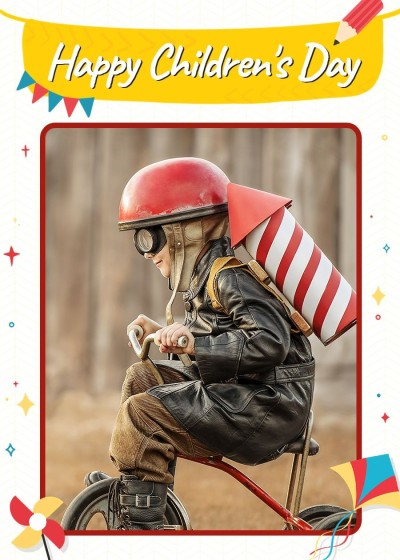 Cute Hand Painted Windmill Riding Kid American Children's day Card