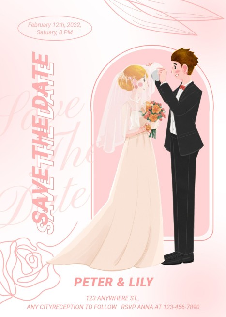 Fresh Hand Painted Pink Color Wedding invitation letter预览效果