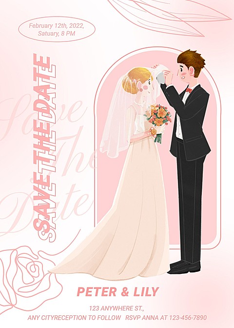 Fresh Hand Painted Pink Color Wedding invitation letter