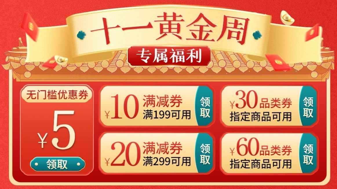 十一国庆节电商通用优惠券海报banner预览效果