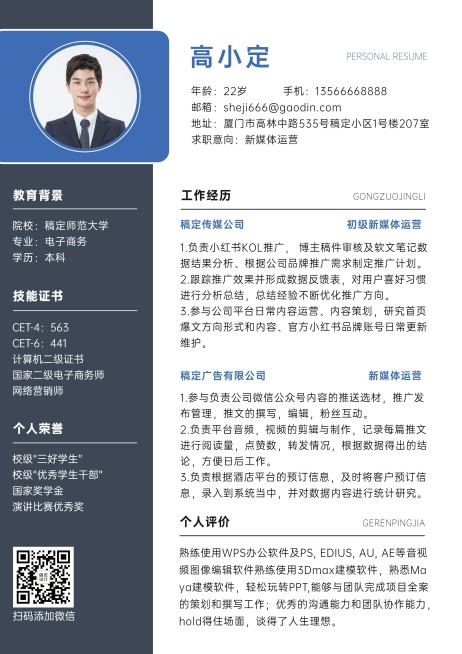 资深新媒体运营求职简约风简历预览效果
