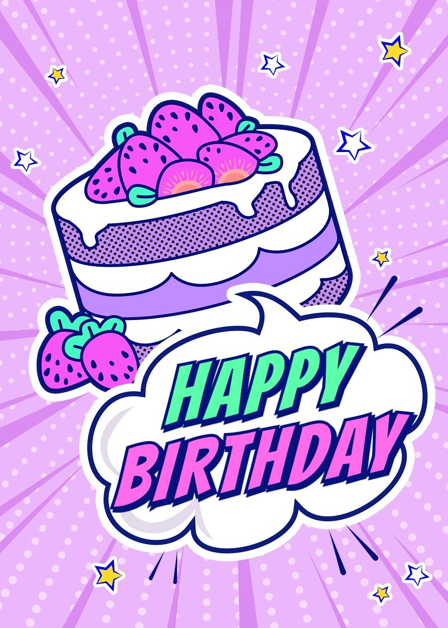 Creative Purple Color Strawberry Cake Pattern Birthday card