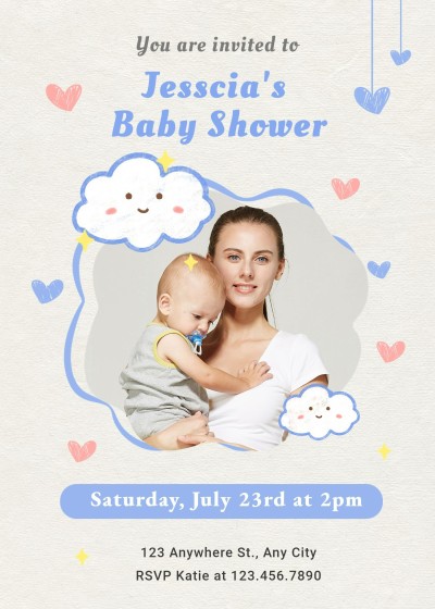 Simple Hand Painted Blue Smile Cloud Pattern Baby shower invitation letter