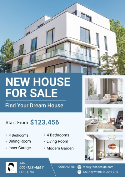 Fashion Blue Rectangle Frame New House Listing for Sale Real Estate Flyer